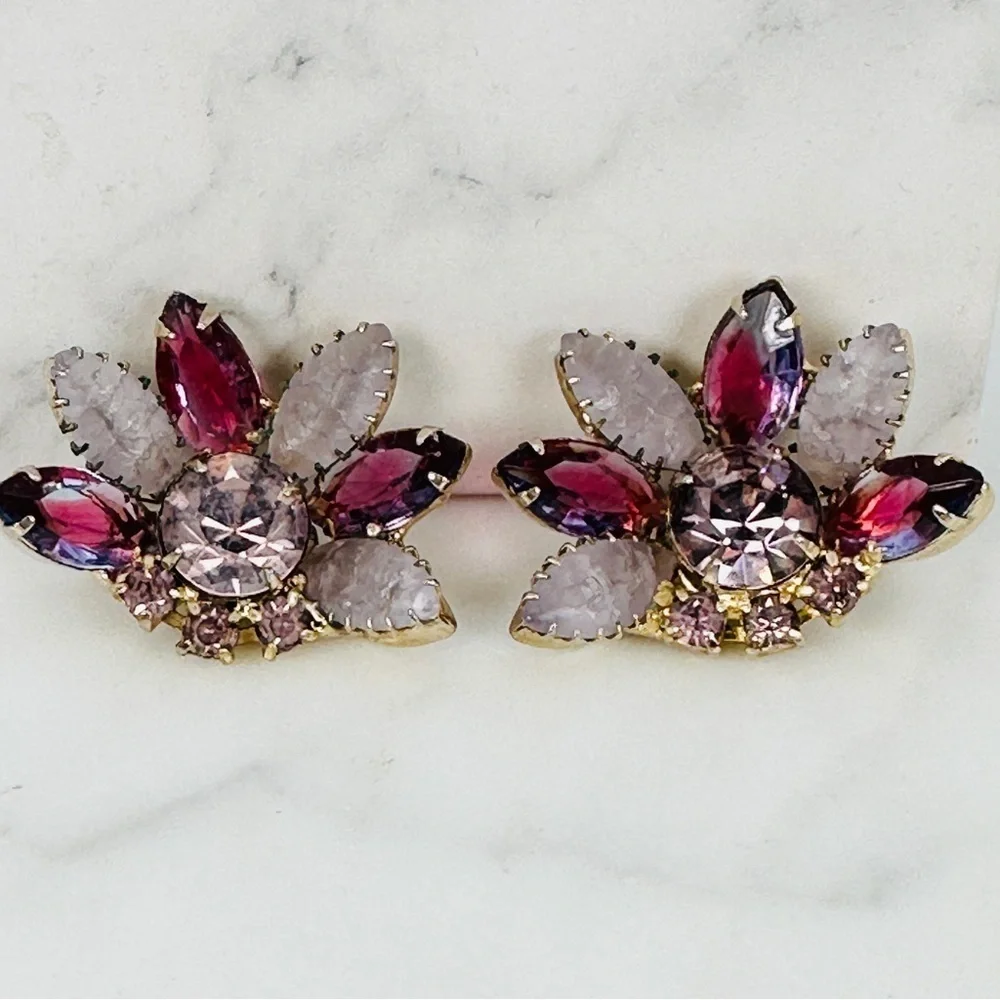 Vintage 1950s Brooch & Clip Earrings Set Amethyst & Frosted Rhinestone Marquise